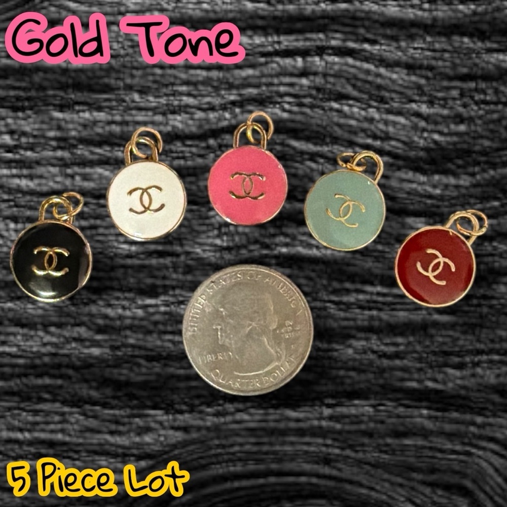 Lot Of 5 CC Round Small Gold Tone Zipper Pull Button Charm Pendants